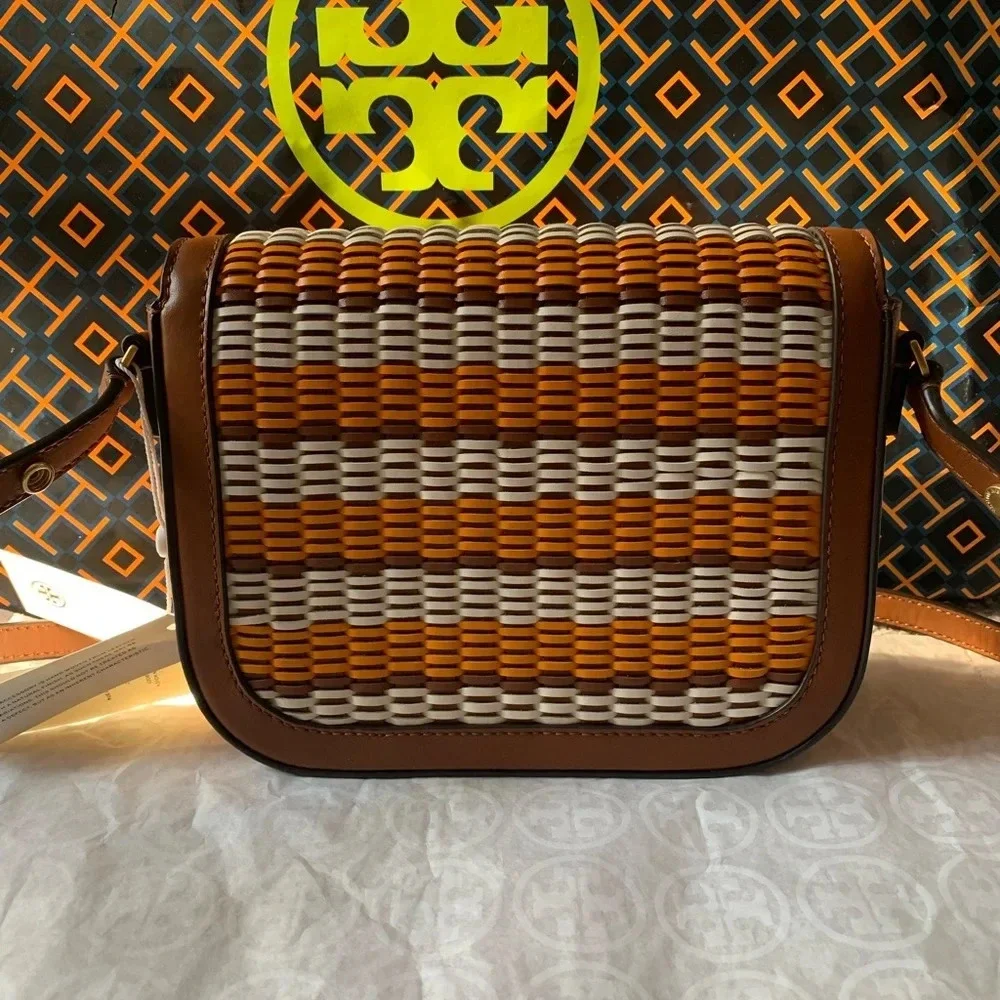 Tory Burch Emerson Woven Crossbody Bag Multicolor Orange White Tan Brown Gold - Picture 12 of 15